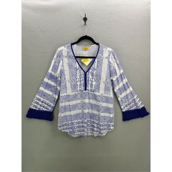 NWT Roberta Roller Rabbit Zandra Nagma White Blue Bell Sleeve Fringe Tunic Top S - Picture 1 of 10